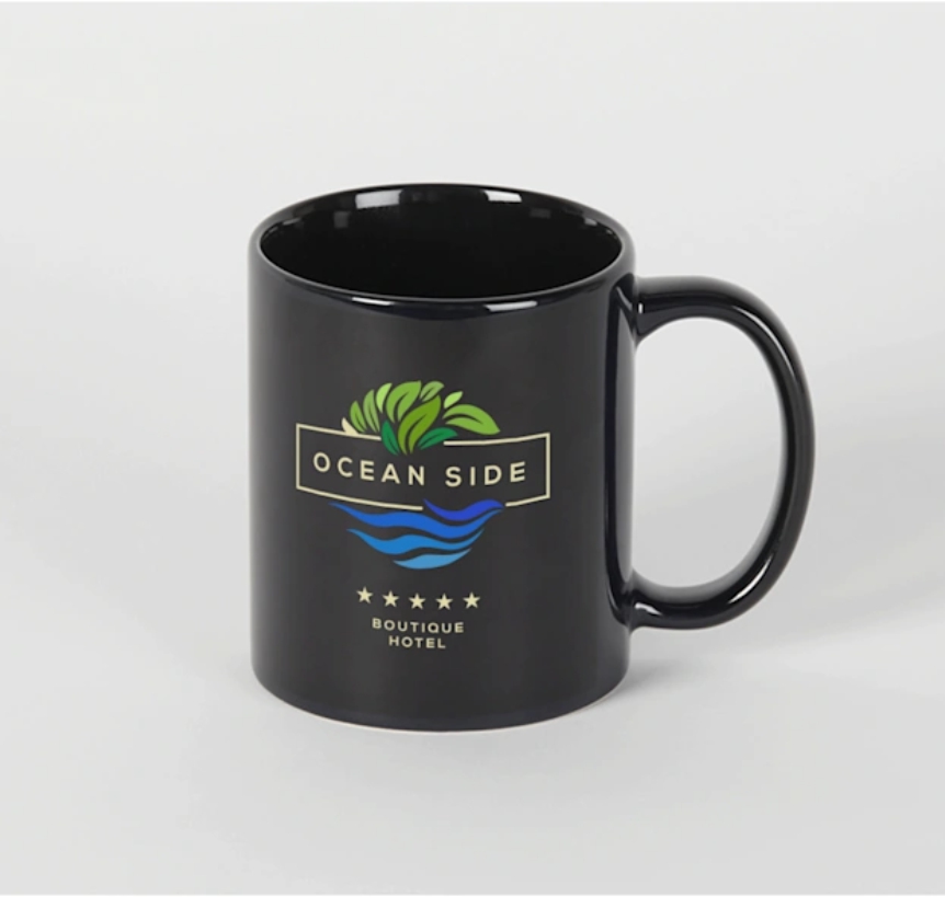 Custom printed black coffee mug for corporate branding Custom printed black coffee mug for corporate branding
